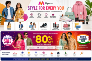 Myntra Sale 2026 banner showcasing fashion, footwear, beauty products, accessories, End of Reason Sale (EORS), and Right to Fashion Sale with up to 80% off.