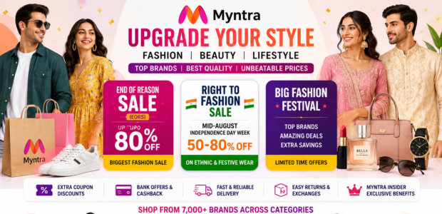 Myntra Sale 2026 featuring End of Reason Sale (EORS), Right to Fashion Sale, Big Fashion Festival, fashion, beauty, footwear, accessories, and up to 80% Off deals.