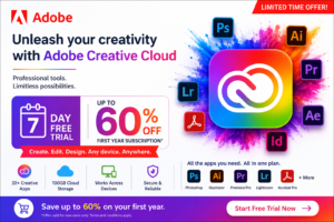 Adobe Creative Cloud offer featuring a 7-day free trial and up to 60% off the first year subscription for Photoshop, Illustrator, Premiere Pro, Acrobat Pro, and other Adobe apps.